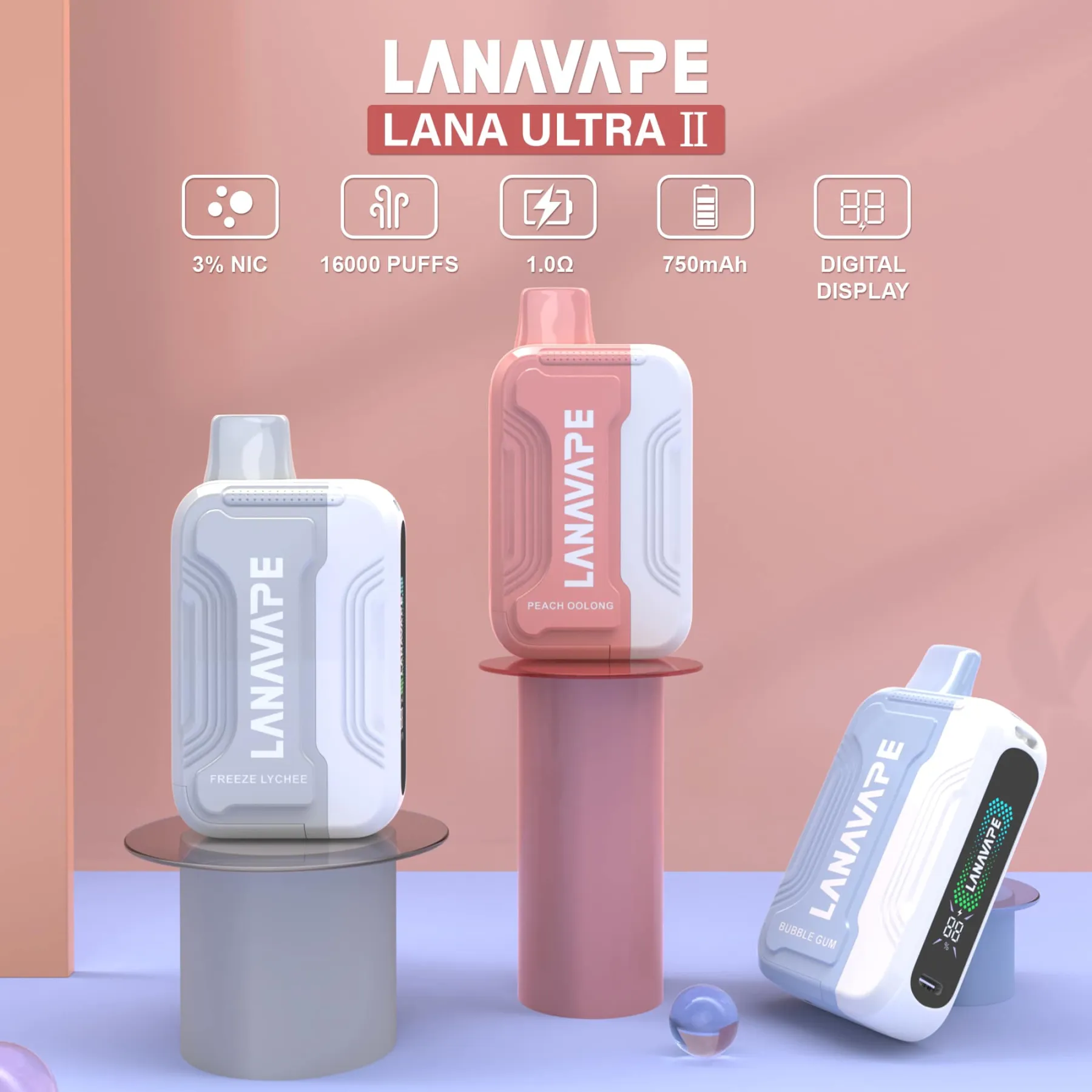 LANA Ultra II 16000 拋棄式電子煙,10ml 可更換磁吸煙彈,搭配 1.0Ω Mesh 霧化芯與 750mAh 電池,穩定順口、超長續航,專機專用,外出使用便利。