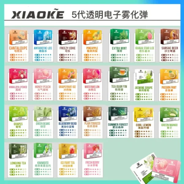 XIAOKE 梟客 5 代煙彈全系列 25 種口味集合圖，通用 RELX 悅刻四代五代主機，台灣現貨熱銷電子煙彈，陶瓷霧化芯防漏設計包裝展示。